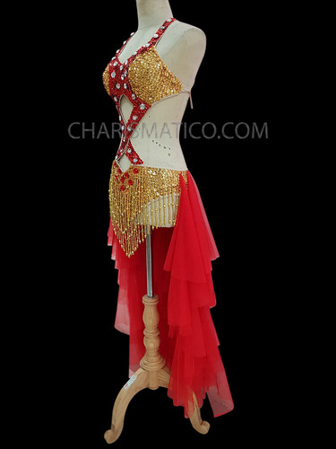 Gold Red Sequin Dance Leotard With ruffle tail