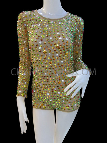 Sheer Gold And Iridescent Crystal Studded Long Sleeve Diva Leotard