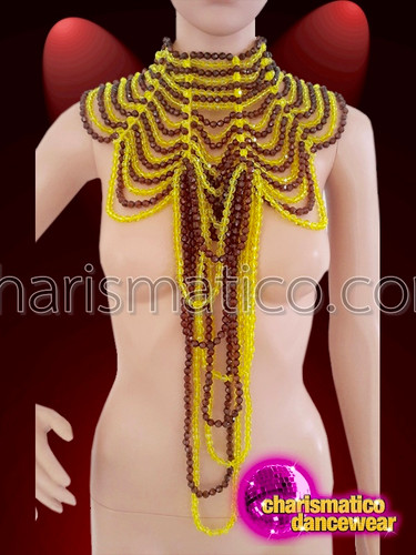 Embellished Beaded Fringe Golden Bra, Thong, And Necklace Showgirl's Set