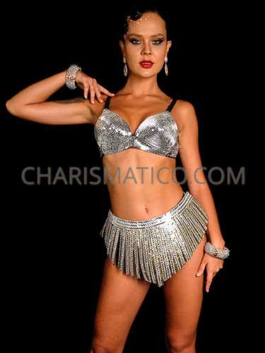 Shimmery Mirror Disco Ball Silver Bra and Skirt set