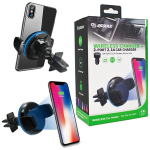 ESOULK Qi Wireless Car Mount W Dual USB Charger & Cable 2.1A Vent Clip