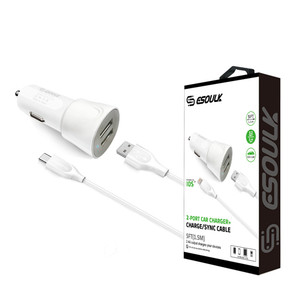 ESOULK 12W Dual USB Car Charger + USB-C CABLE 5ft- WHITE