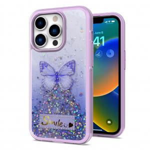 iPhone 14 Pro Max Happy Glitter Smile Butterfly Case Purple