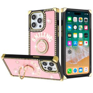 iPhone SE (2022) SE/8/7 Square Design Smiling Diamond Ring Stand Case Pink