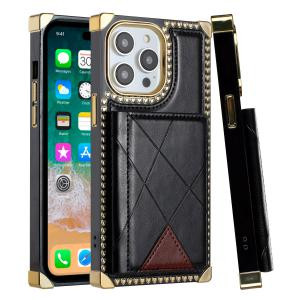 iPhone 15 Card Holder Passion Square Chromed Heart Leather Case Black