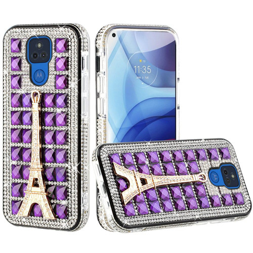 Moto G Play 2021 Diamond Ornaments Case Eiffel Tower on Purple 
