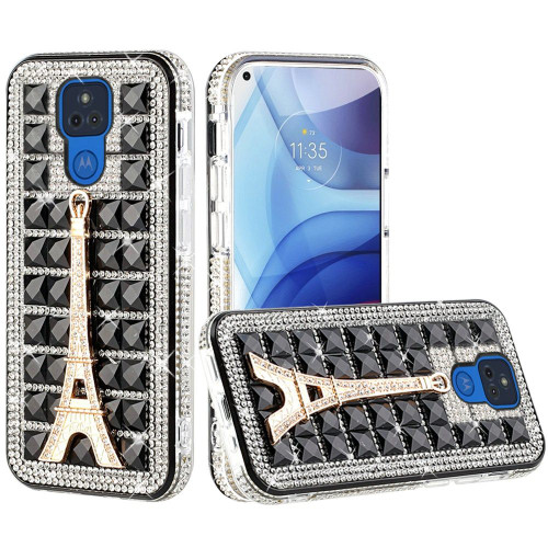 Moto G Play 2021 Diamond Ornaments Case Eiffel Tower on Black