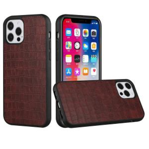 iPhone 13 Pro Leather Croc Design Hybrid Case Brown
