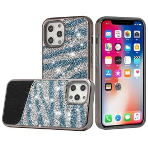 iPhone 13 Pro Max Bling Animal Design Glitter Case Blue Zebra