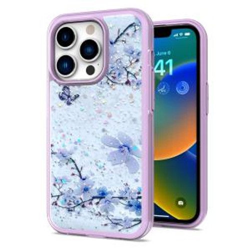 iPhone 14 Pro Floral Epoxy Glitter Colorful Frame Case Light Purple