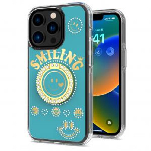 iPhone 14 Pro Max Smiling Glitter Ring Stand Case Blue