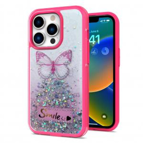 iPhone 14 Pro Happy Glitter Smile Butterfly Hybrid Case  Pink