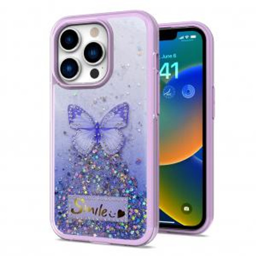 iPhone 14 Pro Happy Glitter Smile Butterfly Hybrid Case Purple