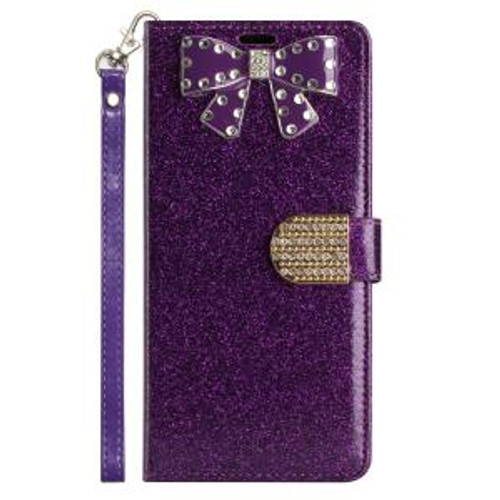 iPhone 13 Pro Max Bow Glitter Shimmer Wallet Case Purple