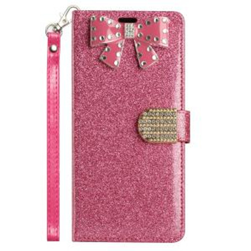 iPhone 14 PRO MAX Bow Glitter Ornament Shimmer Wallet Case Hot Pink