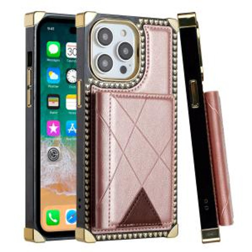 iPhone 15 Card Holder Passion Square Chromed Heart Leather Case Rose Gold