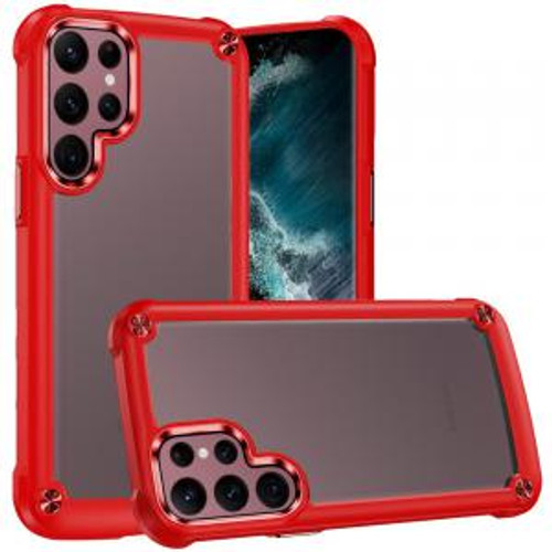 Samsung Galaxy S22 Ultra Transparent Metal Buttons Camera Edges Case Red