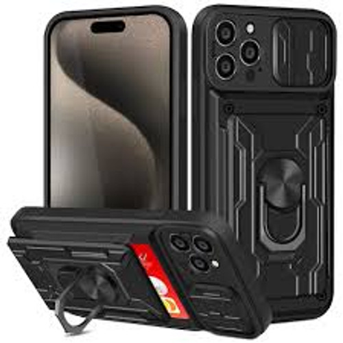 iPhone 15 Pro Max Camera Push Magnetic Ring Stand Hybrid Case Black
