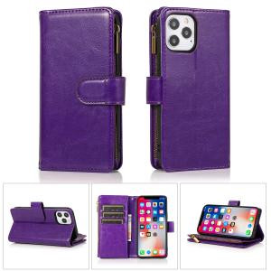 IP 13 PRO MAX Luxury Wallet Card ID Zipper Money Holder Case - Dark Purple