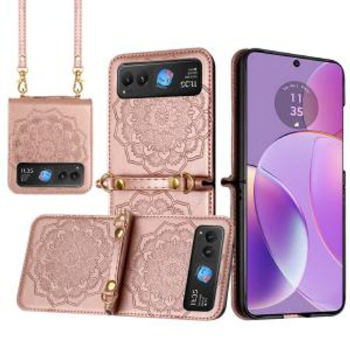 Moto Razr 2024 Embossed Floral Design Case with Strap Rose Gold Moto Razr 2024 Embossed Floral Design Case with Strap Rose Gold