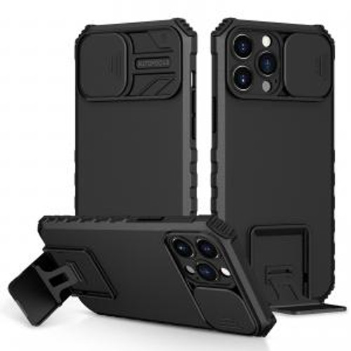 IP 14/IP13/16E Easy Viewing Kickstand Camera Protection Hybrid Case Cover - Black