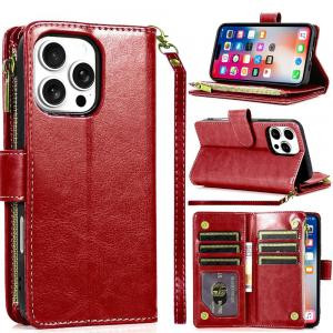 IP 15 Plus Luxury Wallet Card ID Zipper Money Holder Case Red