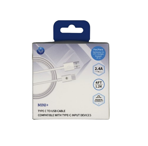 uPlus MINI+ 4ft Plug-In C To USB Cable White