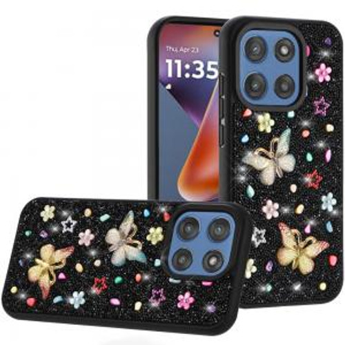 Moto G 5G 2025 Butterfly Diamond Bling Glitter Hybrid Case Black