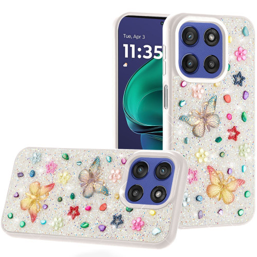 Moto G Stylus 5G 2025 Butterfly Diamond Bling Glitter Hybrid Case White