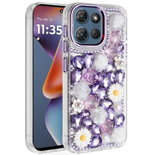 Moto G 5G 2025 Spectacular Full Bling Stones Glitter Floral Series Purple