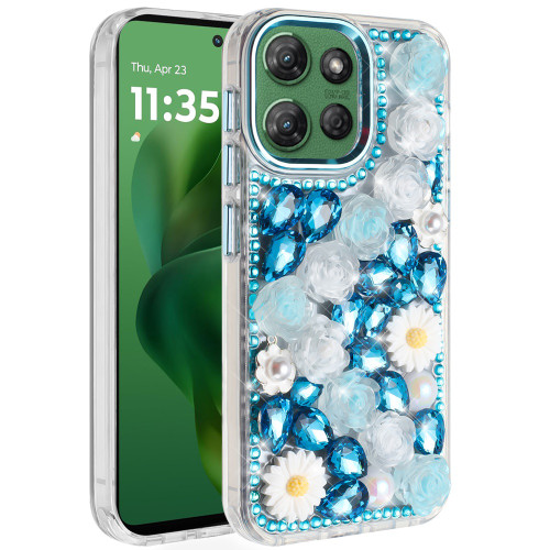 Moto G Power 5G 2025 Spectacular Full Bling Stones Glitter Floral Series Blue Moto G Power 5G 2025 Spectacular Full Bling Stones Glitter Floral Series Blue