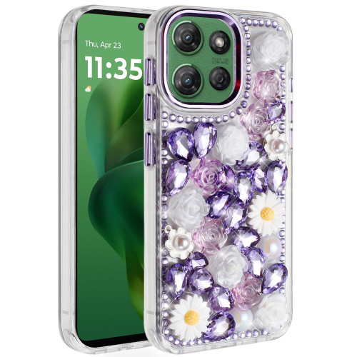 Moto G Power 5G 2025 Spectacular Full Bling Stones Glitter Floral Series Purple Moto G Power 5G 2025 Spectacular Full Bling Stones Glitter Floral Series Purple