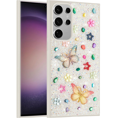 Sam S23 Ultra Butterfly Diamond Bling Glitter Hybrid Case White