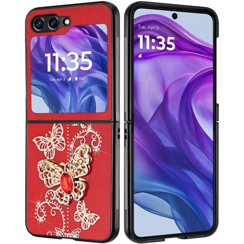 Moto Razr 2025/2024 SPLENDID Diamond Glitter Case Garden Butterflies Red