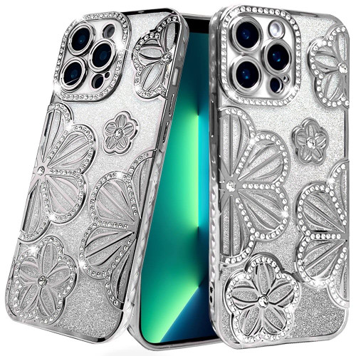 IP 14 Pro Max Shimmer Glitter Floral Design Case Silver IP 14 Pro Max Shimmer Glitter Floral Design Case Silver
