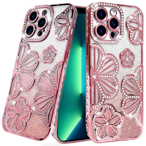 IP 14 Pro Max Shimmer Glitter Floral Design Case Rose Gold IP 14 Pro Max Shimmer Glitter Floral Design Case Rose Gold