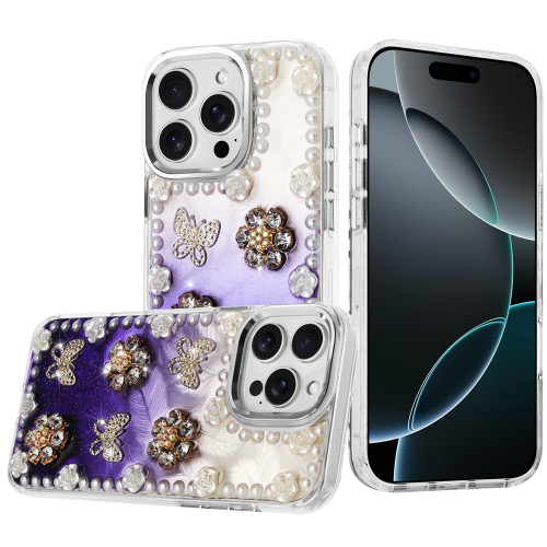 iP 16 Pro Max Pearls Epoxy Glitter Ornaments Design Case Purple Flower iP 16 Pro Max Pearls Epoxy Glitter Ornaments Design Case Purple Flower
