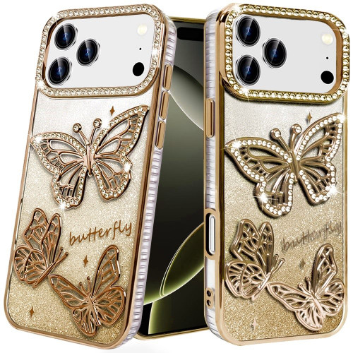 IP 17 Pro Butterfly Freedom Shimmer Glitter Case Gold IP 17 Pro Butterfly Freedom Shimmer Glitter Case Gold