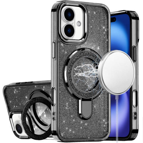 IP 17 Transparent Glitter Rotaional Magnetic Ring Stand Case Black