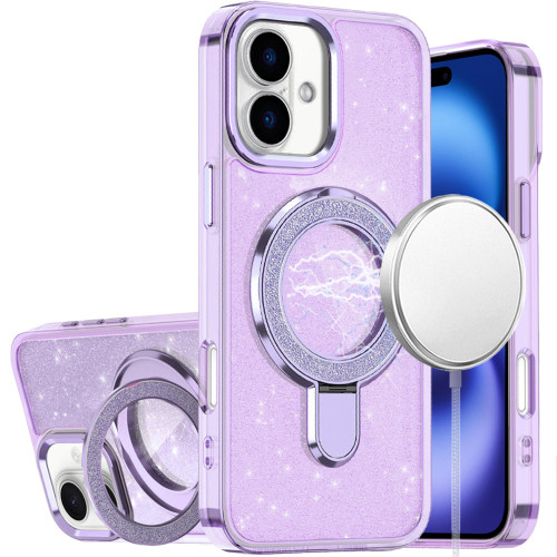 IP 17 Transparent Glitter Rotaional Magnetic Ring Stand Case Purple