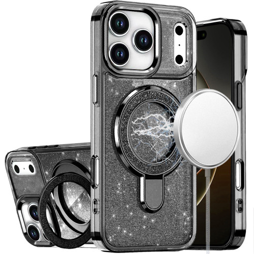 IP 17 Pro Max Transparent Glitter Rotaional Magnetic Ring Stand Case Black