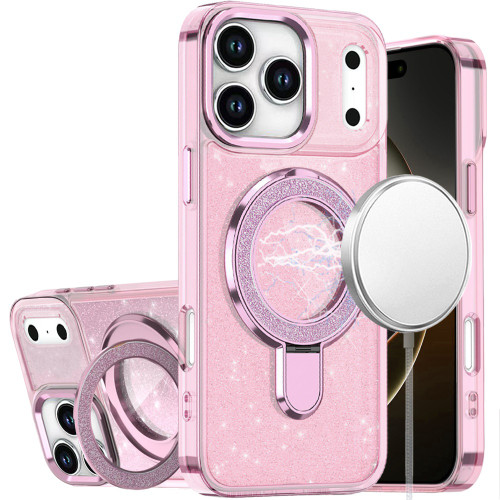 IP 17 Pro Max Transparent Glitter Rotaional Magnetic Ring Stand Case Pink