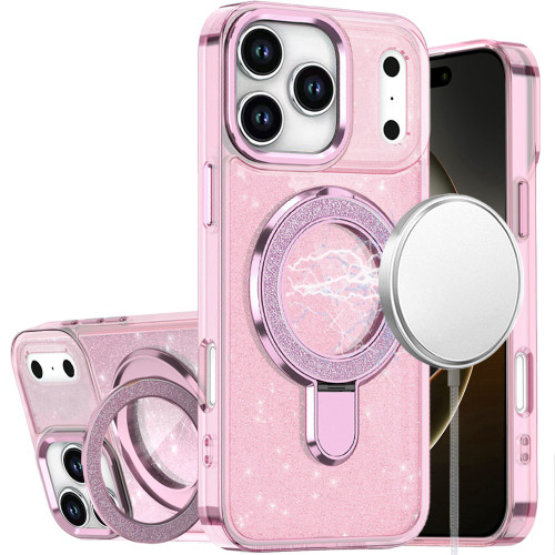 IP 17 Pro Transparent Glitter Rotaional Magnetic Ring Stand Case Pink