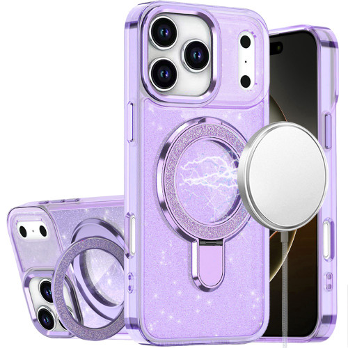IP 17 Pro Transparent Glitter Rotaional Magnetic Ring Stand Case Purple