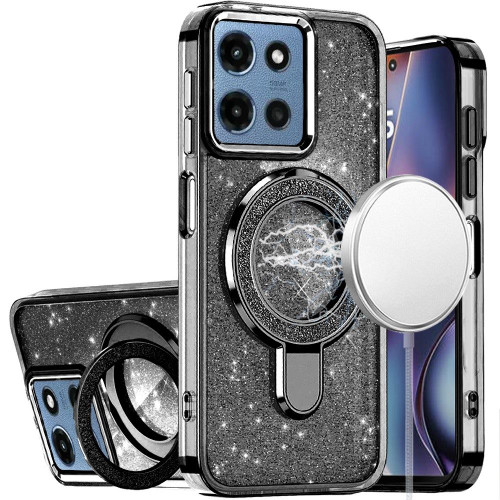 Moto G Stylus 5G 2025/2026 Transparent Glitter Rotaional Magnetic Ring Stand Case Black