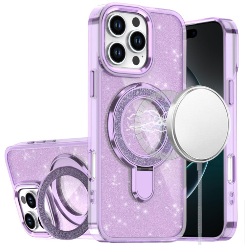 IP 16 Pro Max Transparent Glitter Rotaional Magnetic Ring Stand Case Purple