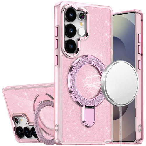 S25 Ultra Transparent Glitter Rotaional Magnetic Ring Stand Case Pink