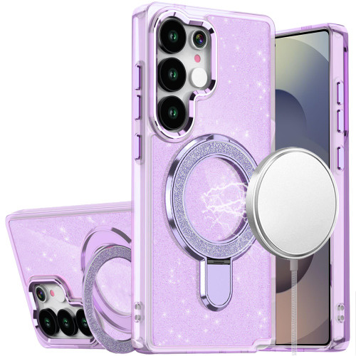 S25 Ultra Transparent Glitter Rotaional Magnetic Ring Stand Case Purple