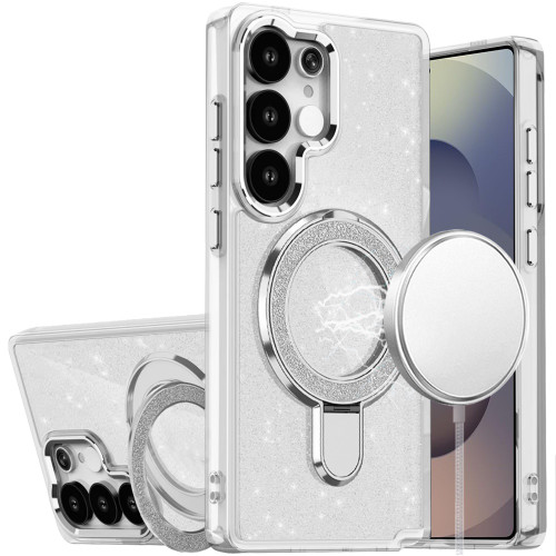 S25 Ultra Transparent Glitter Rotaional Magnetic Ring Stand Case Clear