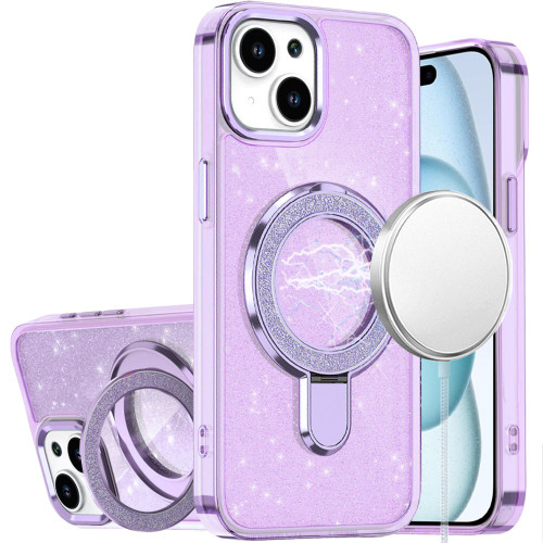 IP 15 Transparent Glitter Rotaional Magnetic Ring Stand Case Purple